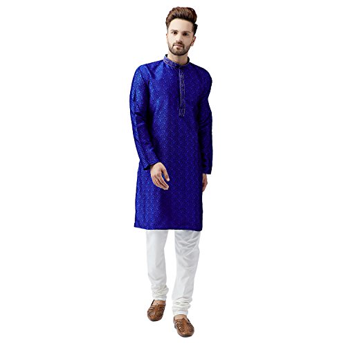 Sojanya (Since 1958 Men'S Teal Silk Blend Kurta Churidar Pyjama Set - color: Royal Blue and Off White, size: Medium