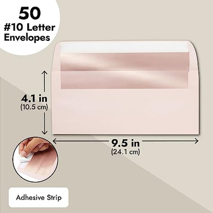 Best Paper Greetings Money Envelopes for Cash - 4 1/8 x 9 1/2 In, Blush Pink & Rose Gold Foil Lined, 50 Pack - Decorative Letter Envelopes for Invitations & Mailing