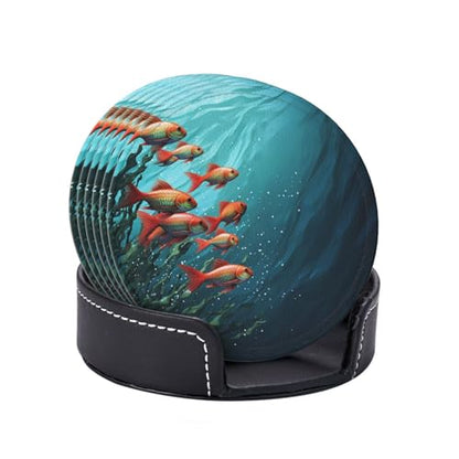 Coasters for Drinks Set of 6 Leather Drinks Coasters with Holder Round Cup Mat Pad Fish Aquarium Decorative Coffee Cup Beverage Coasters for Tabletop Protection Home Decor