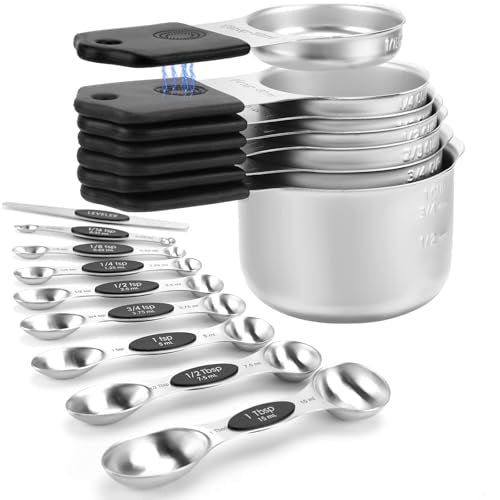 Magnetic Measuring Cups and Spoons Set-Heavy Duty 304 Stainless Steel | Double Measurement Markings,BPA-Free,Set of 16 with Leveler for Measuring Dry and Liquid Ingredients(Black) - color: Black