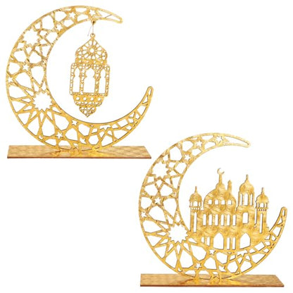 2pcs Eid Mubarak Kareem Table Sign, Wooden Moon Hollow Star Ornament Ramadan Hollow Ornament Wood Ramadan Decorations Islamic Home Decor Gifts for Home Muslim Party Tabletop Decor