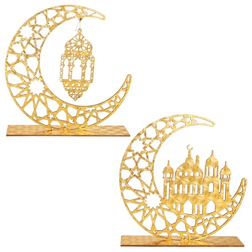 2pcs Eid Mubarak Kareem Table Sign, Wooden Moon Hollow Star Ornament Ramadan Hollow Ornament Wood Ramadan Decorations Islamic Home Decor Gifts for Home Muslim Party Tabletop Decor