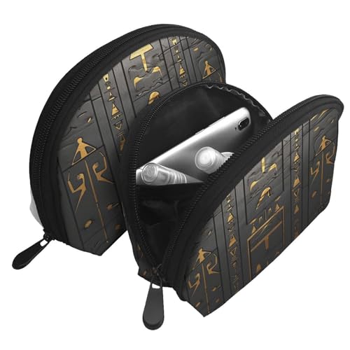 Egyptian Hieroglyphic 2-Piece Shell Makeup Bag Set, Large Capacity Travel Cosmetic Bag For Women With Zipper, Waterproof Polyester Toiletry Organizer Pouch For Purse, Travel, Gym & Daily Use - color: Egyptian Hieroglyphic
