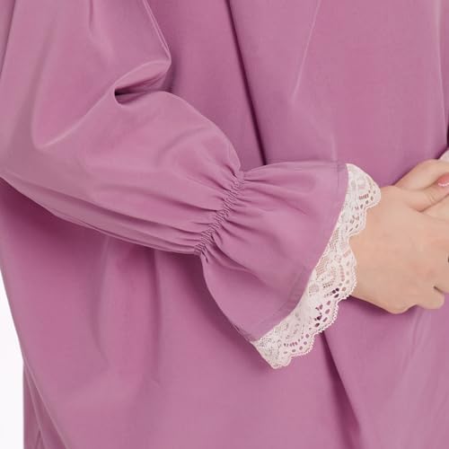 Kids Girls Muslim Islamic Two-piece Outfits Lace Long Sleeve Hijab Dress Abaya and Loose Skirt Full Cover Kaftan - color: Pink Purple, size: 5-6 Years