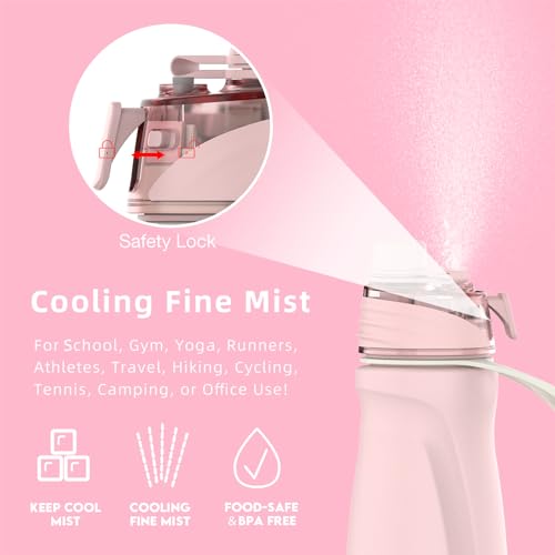 Misting Water Bottle, 24oz Insulated Water Bottle, 2-in-1 Mist & Sip Stainless Steel Water Bottles, Sports Water Bottle for Hiking, Running, Gym - color: Light Pink