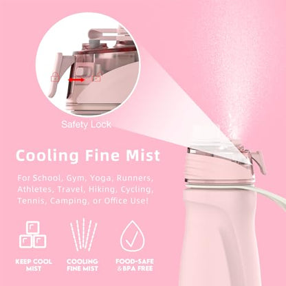Misting Water Bottle, 24oz Insulated Water Bottle, 2-in-1 Mist & Sip Stainless Steel Water Bottles, Sports Water Bottle for Hiking, Running, Gym - color: Light Pink