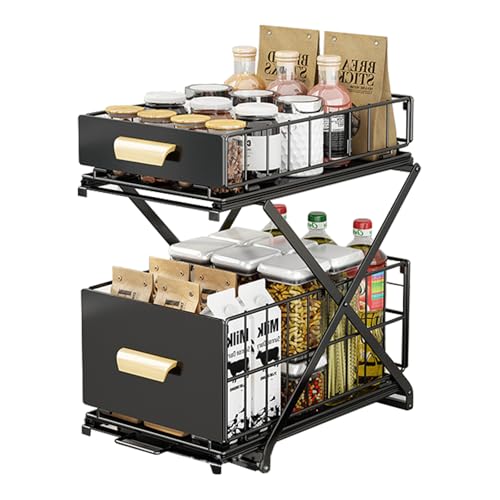 2 Tier Pull Out Cabinet Organizer, Under Sink Organizer, Black | Adjustable Height, Slide Out Pantry Shelves Drawer Storage for Kitchen Organization - color: Black