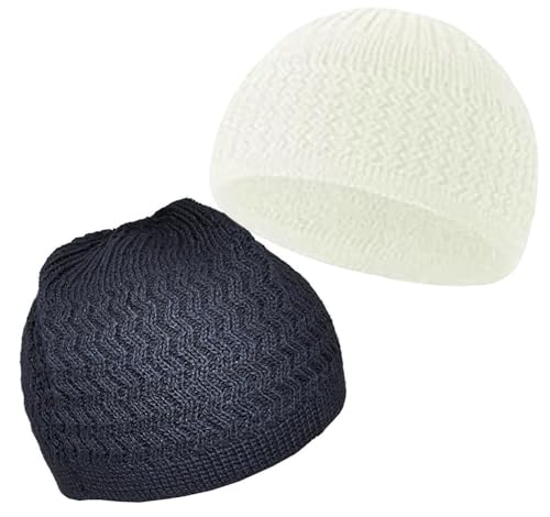 Set 2 Colors Knit Beanie Kufi Hats Muslim Stretchy Skull Caps AMN-026C Islam Cotton Breathable Crochet Hat Eid Ramadan Gift - color: Black & White