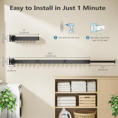 JAUREE Clothes Drying Rack Wall Mounted, Space-Saving Drying Rack Clothing, Collapsible Foldable Retractable Laundry Rack with 18 Hooks, Indoor/Outdoor, Black - color: Black