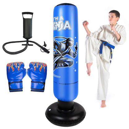 Onirii 66 Inch Kids Inflatable Punching Bag | Large Stable Kids Inflatable Boxing Bag Toy Set with Gloves for Boys & Girls Age 3-12 for Taekwondo,MMA and Practicing Karate - color: Ninja Blue