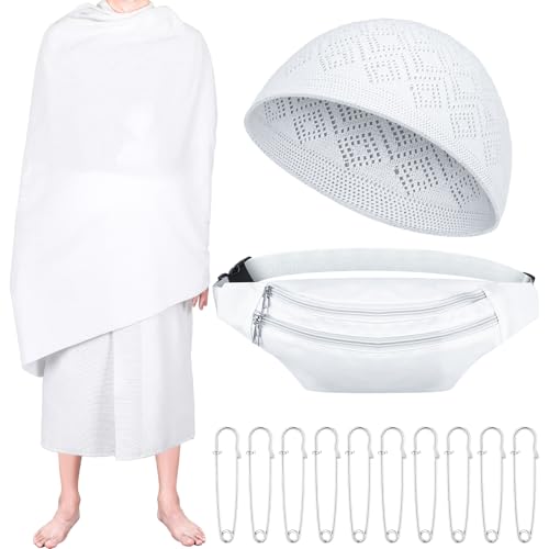 Suhine 14 Pcs Ihram for Umrah Men Towel Waist Belt Hat Pins - size: L Size