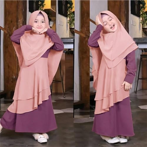 Muslim Dress for Girl Abaya Kaftan Kids Islamic Prayer Clothes Long Sleeve Dress Dubai 2026 Ramadan Hijab Sets - color: Pink, size: 2-3T