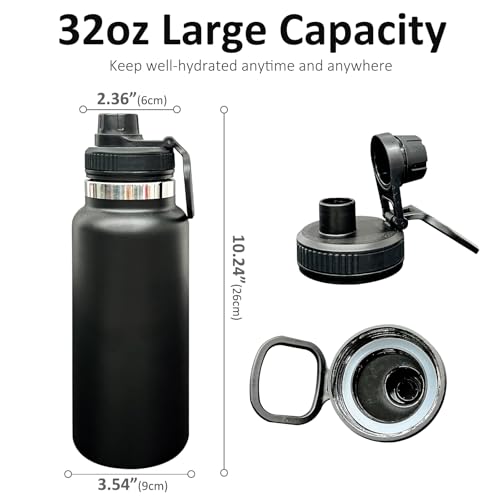 32 oz Insulated Water Bottle with Spout Lid - Double Wall Vacuum Sports Water Bottle - Powder Coated Cup for Gym Camping Hiking(Black,1 pack) - color: Black