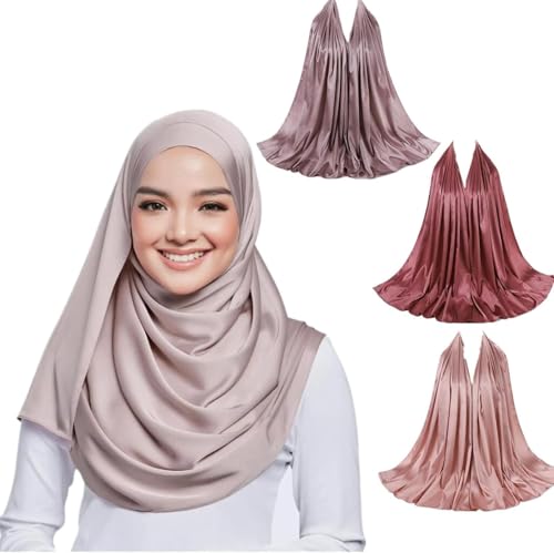 3-Piece Silk Satin Hijab Shawl for Women - 70x180cm Head Wrap Scarf