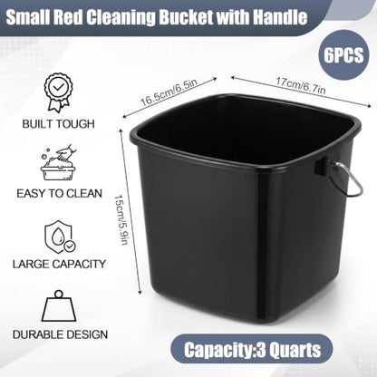 Zhehao 6 Pcs 3 Quart Bucket for Cleaning Small Sanitizer Bucket for Restaurant Square Plastic Pail with Handles for Home, Offices, Commercial Use, Food Service(Black) - color: Black