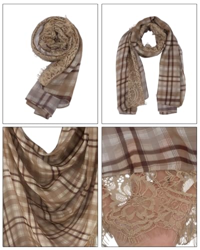 JUMISEE Elegant Floral Lace Hijab Scarf for Women Soft Cotton Head Wrap Instant Hijab Long Scarves Evening Dress Shawl - color: Khaki Plaid Pattern