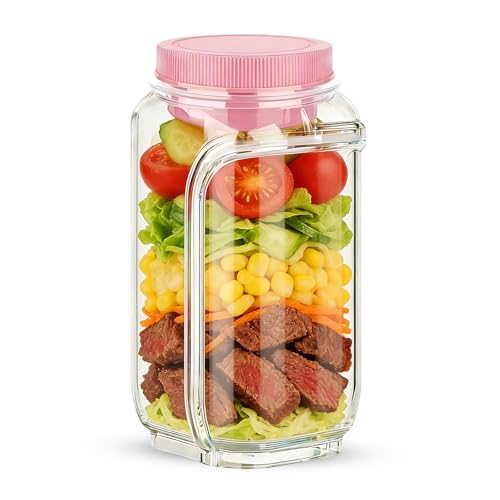 Creative Salad Pod Side Open, Salad Jars with Dressing Cup for Office, Park, Travel, Outdoors. Equipped with Waterproof Cover and Ring, Sauce Box Supoort Dishwasher & Freezer. (Pink)