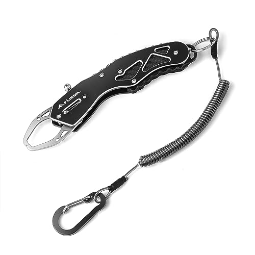 FLISSA Fish Gripper, Fish Lip Grip Tool with Carabiner and Spring Anti-Lost Rope, Durable Stainless Steel Fish Grabber Gripper, Lightweight Holder for Fishing, Corrosion Resistant & Portable