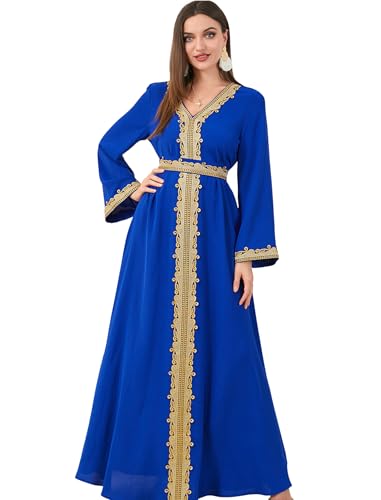 FYMNSI Women Muslim Abaya Dress Islamic Dubai Modest Lace Belted Dress Abayas Kaftan Eid Prayer Clothes Arabian Maxi Robe - color: Blue, size: Large