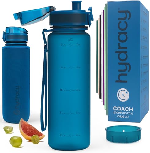 Hydracy 타임 마커 및 과일 인퓨저가 있는 물병 - BPA 프리 - 502.8ml(17온스) | 샘 방지 체육관 병, 마실 시간이 있고 땀이 나지 않는 슬리브 - 피트니스 스포츠 및 야외 활동에 이상적입니다 - color: 미드나잇 블루, size: 17온스