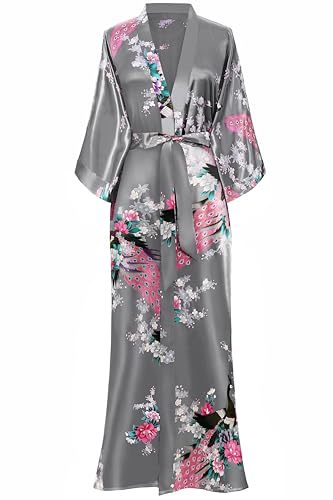 BABEYOND Women's Kimono Robe Long Satin Robes with Peacock and Blossoms Printed Kimono Nightgown - color: Silver Gray, size: One Size