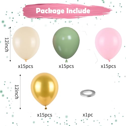 Pink and Green Balloons, Sage Green White Sand Party Balloons Chrome Metallic Gold Balloons Green Pink Latex Balloons for Kids Adults Boho Birthday Jungle Safari Party Wedding Baby Shower Graduation - color: Sage Green Pink