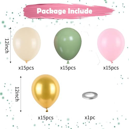 Pink and Green Balloons, Sage Green White Sand Party Balloons Chrome Metallic Gold Balloons Green Pink Latex Balloons for Kids Adults Boho Birthday Jungle Safari Party Wedding Baby Shower Graduation - color: Sage Green Pink