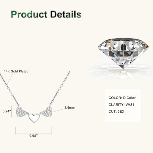 Moissanite 3-Heart Pendant Necklace for Women | 0.3CTTW D Color VVS1 Moissanite 14K Gold Plated Eternal Heart Pendant for Wife Mom Birthday Jewelry Gifts - color: Silver