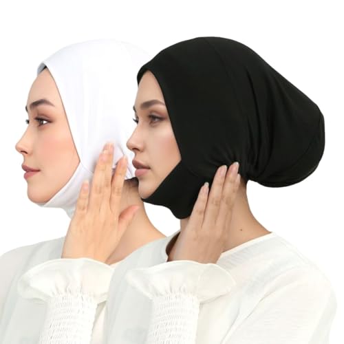 Hijab Beanies Cap Undercaps Slouchy with Elasti Non-Slip Caps Under Scarf for Women - color: Bk+wt