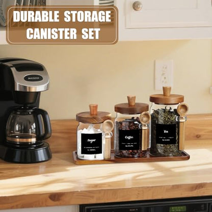 3 Pcs Glass Coffee Container with Wooden Lid Spoon Shelf Labels Clear Airtight Jar Food Storage Canister Set for Sugar Spice Coffee Bean Holder Housewarming Gift(13.5,20,25 oz,Acacia Brown) - size: 13.5,20,25 oz