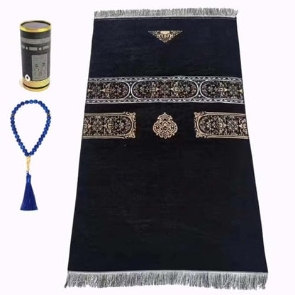Muslim Prayer Rug & Beads Set with Stylish Cylinder Gift Box Janamaz Sajadah Ultra-Soft Taffeta Prayer Mat Perfect Islamic Spiritual Gift for Ramadan Islamic Black - color: Arabesque