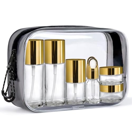 Glass Travel Bottles for Toiletries,TSA Approved，Leak Proof Refillable Travel Size Containers with Pump Spray Dropper Jars for Skincare Lotion Cream or Shampoo - color: Clear Glass Bottle with Gold Lid