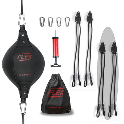 Flex Double End Punching Bag and Extra Adjustable Bungee Cords Bundle - Complete Home & Gym Exercise Equipment Set for Men & Women