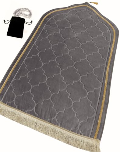 Islamika Prayer Mat Islamic Muslim Rug - Thick Padded mat Sajadah Men Women with Islam Prayer Beads for Eid Travel Ramadan, Soft and Padded (Gray) - color: Grey