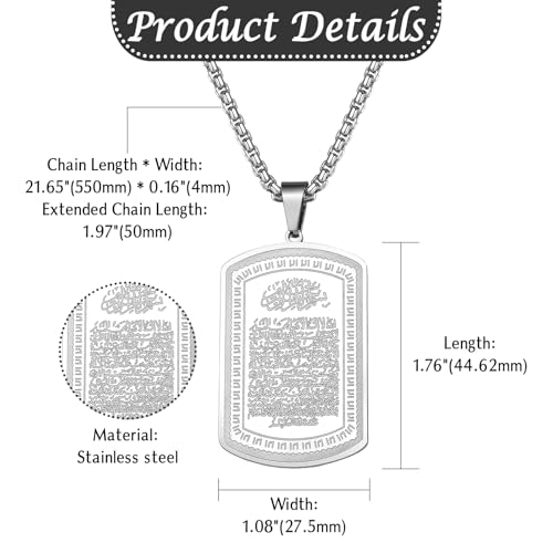 OIDEA Islamic Allah Necklace for Men Women: Stainless Steel Muslim Ayatul Kursi Quran Pendant Necklace Islam Arabic Eid Ramadan Jewelry Gifts