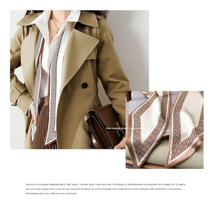 Silk Feeling Head Scarf Fashion Satin Hair Scarf Square Long Scarves for Women Gifts - color: 02 Coffee White 5.12 X 59 Inch