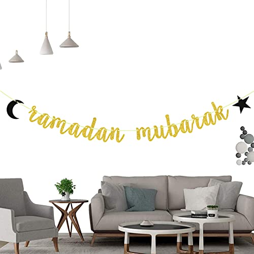 Ramadan Mubarak Banner Eid Mubarak Decorations for Happy Eid Muslim Islam Party Decorations Gold Glitter
