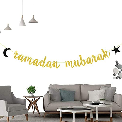 Ramadan Mubarak Banner Eid Mubarak Decorations for Happy Eid Muslim Islam Party Decorations Gold Glitter