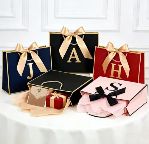 Personalized Gift Bag with Card and Tissue Paper, 26 Letters Birthday Gift Bag 13'' Custom Valentines Weddings Present with Initials/Numbers for Women Men Kids (Red,N) - color: Red, size: N