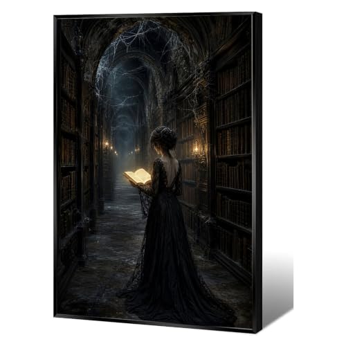 Gothic Woman Glowing Book Canvas Wall Print Dark Abandoned Library Spider Web Dark Academia Moody Wall Decor - color: Nature11, size: 8x12in Black Framed