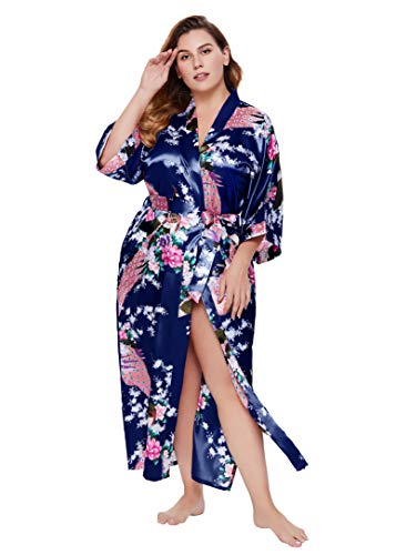 BABEYOND Women's Kimono Robe Long Satin Robes with Peacock and Blossoms Printed Kimono Nightgown - color: Dark Blue, size: One Size