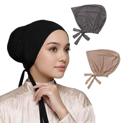 Yeieeo 3PC Muslim Hijab Undercap for Women, Stretch Tie-Back Inner Headscarf Bonnet, Soft Modal Headwear for Daily - color: Black+dark Grey+light Khaki