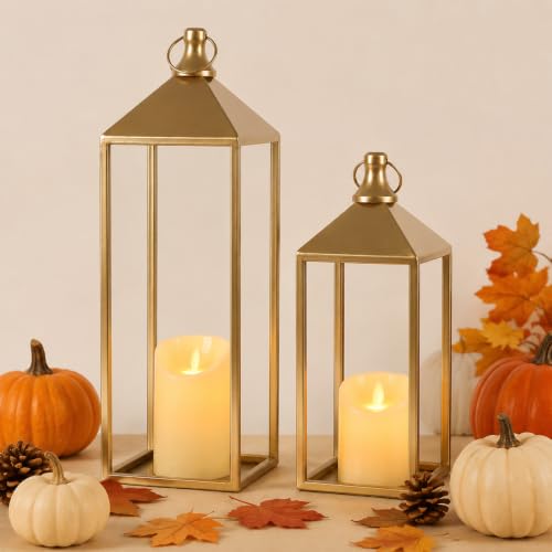 Set of 2 Decorative Lanterns with Candles, Gold Metal Lanterns Decor - color: Gold, size: 17in and 13in