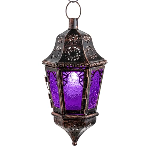Moroccan Decorations Indoor, 13.6’’ Lantern Decorative Outdoor, Halloween Style Hanging Lantern with Chain for Home Porch Patio Decor, Vintage Metal Christmas Ramadan Candle Holders(Purple) - color: Purple