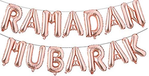Ramadan Kareem Eid Mubarak Decoration Bunting Aluminum Foil Balloon and Latex Balloons Islamic Muslim Balloons Party Black, Gold & Silver Aluminum Foil 16" | Latex 12" Each (Rose Gold+15pcs)