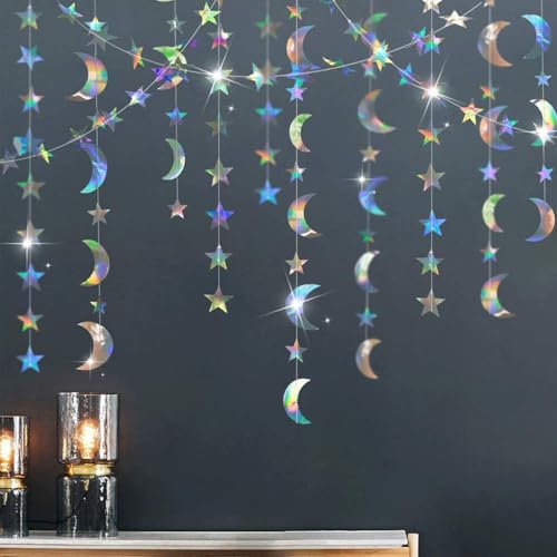 Stars and Moon Party Decorations Garland Kit Galaxy Decor Iridescent Star Moon Circle Dot Garland for Holiday Party Supplies