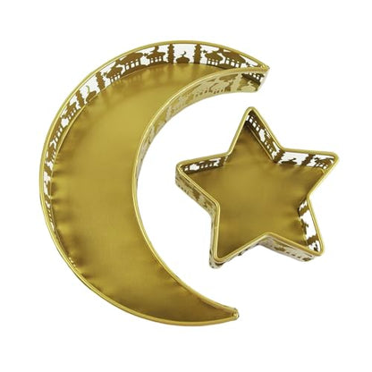 KYMY Ramadan Eid Mubarak Dessert Tray, Metal Crescent Moon Mosque Serving Platter, Islamic Muslim Arabic Dessert Snacks Sweets Centerpiece Tray for Ramadan Eid Home Party Supplies Decorations