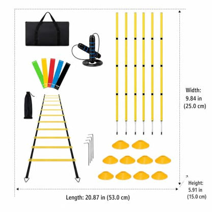 Exercise Sets for Women, 6-Piece Agility Ladder & 10 Cones, 5 Resistance Bands, Speed Rope, Ground Stakes, Carry
