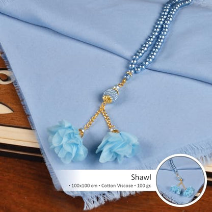BABY SHOWER CHOCOLATE Prayer Rug Islamic Gift Set, Velvet Prayer Mat, Prayer Beads, Scarf and Yaseen Book, Perfect Family and Muslim Eid Gifts (Blue) - color: Blue