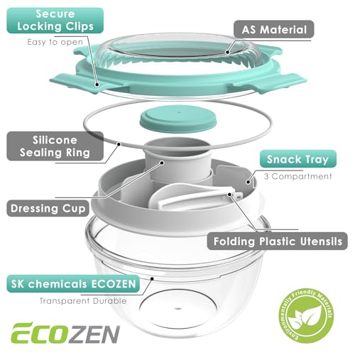 WHALEHOUSE Clear Eco-friendly SK chemicals ECOZEN Salad Container, 33OZ Portable Plastic Salad Bowls with Lid & Snack Tray, Leak-Proof Dressing Container, Fork, Lunch Box for Meal Prep (Green) - color: Green